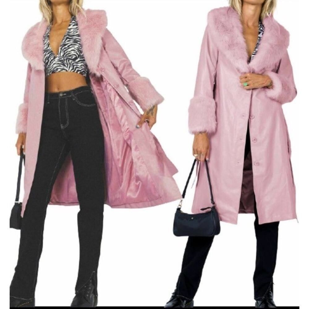 NEW Princess Polly Alice Penny Lane Coat Pink Faux Fur Vegan Leather Jacket US 4